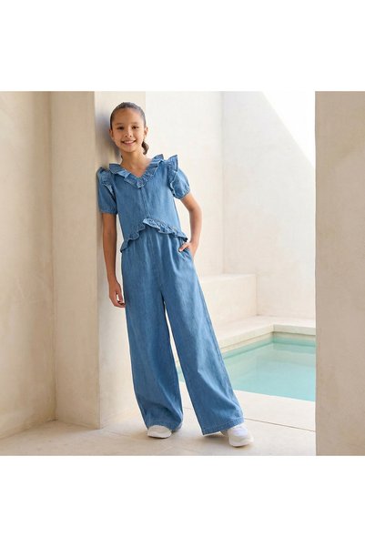 Lee Cooper V-neck Short Sleeves Denim Jumpsuit with Ruffle Detail