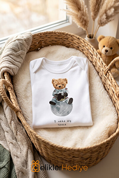 ÇELİKLER HEDİYE Teddy Bear Astronaut Printed Baby Bodysuit 100% Cotton Unisex...