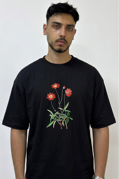 Anetos Vintage Botanical Flower Design Printed Oversized Black T-Shirt