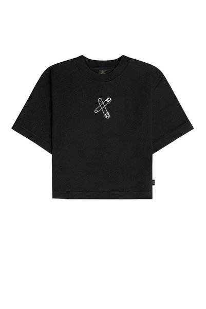 Espina Premium Safety Pin Printed Black Crop T-Shirt