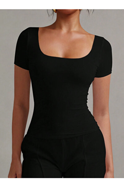 landoffashiontr Square Neck Double Layered Crop Blouse with Chest Panel