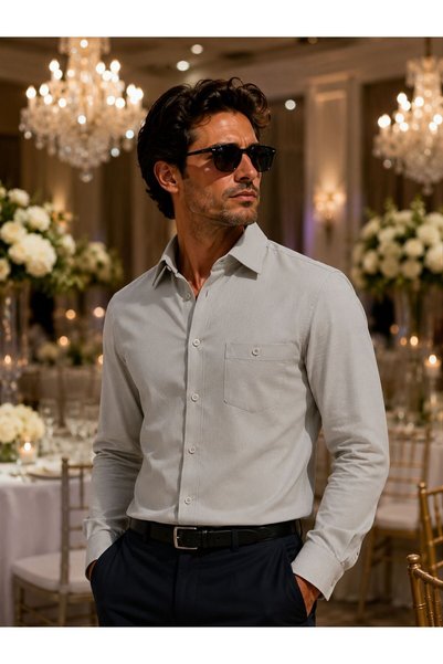 GÖMLEK GALERİSİ Men's Classic Wide Cut Plain Cotton Long Sleeve Shirt