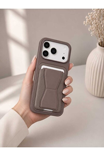 Case I PHONE 17 PRO Gri Kartvizitli Standlı Kılıf
