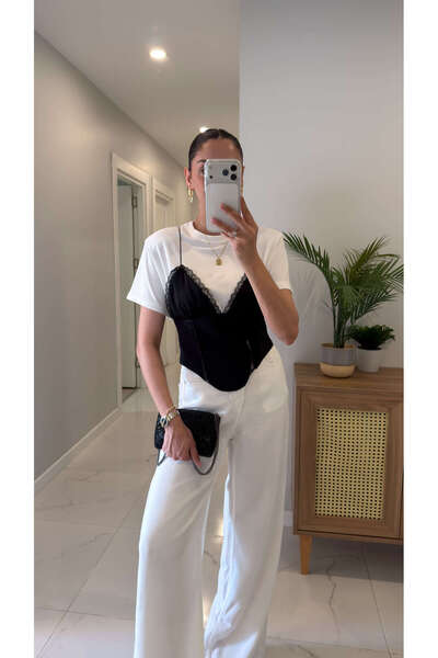 BİRCANÇİL Dinolla Black and White Strap-Adorned Blouse