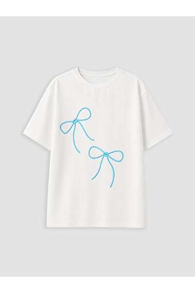 LC Waikiki Vizyon New Season Crew Neck Bow Embroidered Girls' T-Shirt