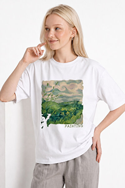 EFFRENATU Women's T-Shirt Cream Art Painting Landscape Print Oversized Casual