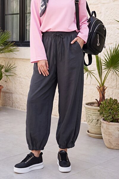 Modamorfo Modal Pants with Elastic Cuffs and Waist, Pockets and Laces - Smoked