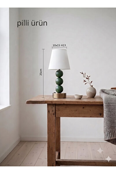 poplinhome Pilli Kablosuz Üçlü Küre Ahşap Gövdeli Abajur - 25 cm Renkli Masa ...