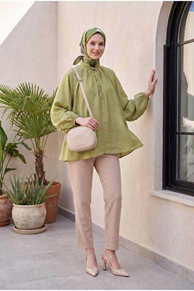 Modamorfo Oversized Tulle Voile Blouse with Tie Collar and Half Buttons - Green