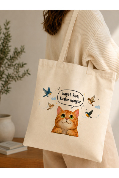 Tomris Hatun Cat Themed Printed Raw Cloth Bag, Shoulder Bag, Shopping Cloth B...