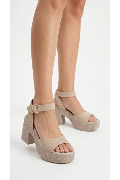 Limeo Women's Suede Look Cross-Strapped Buckle Thick-Heeled Platform Sandals