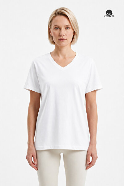 Cottonland Women's Martina Regular Cut, V-Neck, Slit, Short Sleeve, Combed Co...