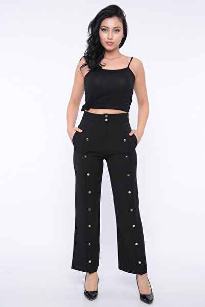 FIRST STYLE Women's Black Front Button Turkish Trousers