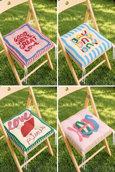 Home 4’lü Good Vibes ve Love Yazılı Bağcıklı Pofidik Sandalye Minderi Seti