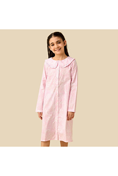 Juniors Cotton Sailor Collar Long Sleeve Night Dress with Button Closure