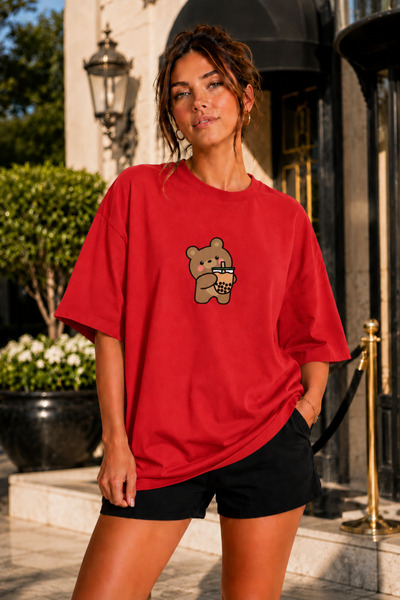 FECCY Premium Coffee Drinking Bear Printed Theme Unisex Oversize Women's T-Sh...
