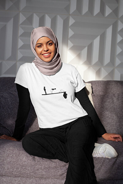 Namaz Siluet Baskılı Beyaz Tişört %100 Pamuk Unisex Dini İslami Minimal Sanat Erkek Kadın T-Shirt
