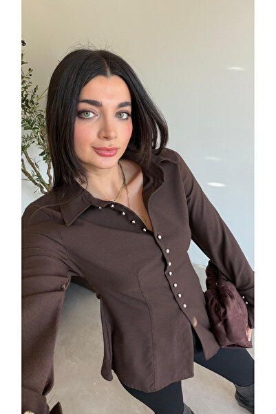 Bade Butik Coffee-Colored Sleeve Detailed Silver Buttoned Shirt