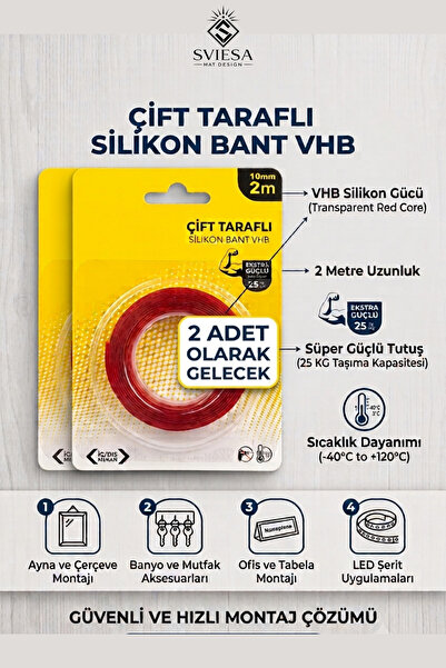 Sviesa Çift Taraflı Silikon Bant 10 mm x 2 m 2'li Set Şeffaf Güçlü Yapıştırıc...
