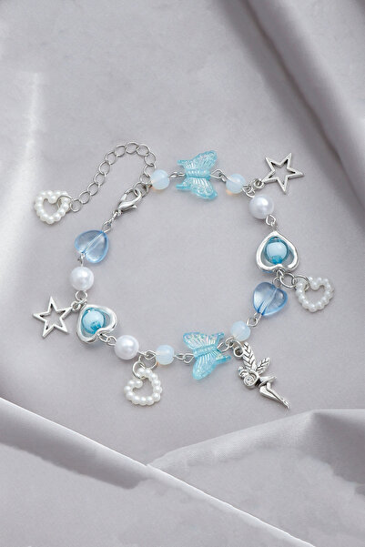 TREND COLLECTİON Blue Butterfly Figured Pearl Detailed Charm Bracelet