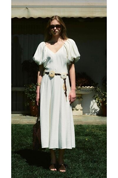 sunfyre Women's V-Neck Balloon Sleeve Midi Length Dress