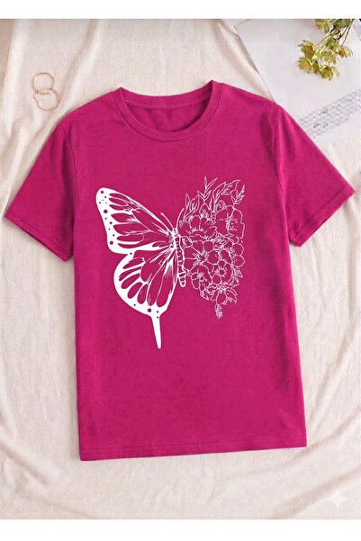 UNCİA OUTDOORS Women's Butterfly Print Oversized Crew Neck T-Shirt