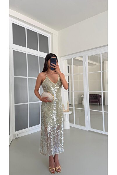 GAUS CO Yeşil Ayarlanabilir Askılı Astarlı Pullu Elbise GAUS-01684