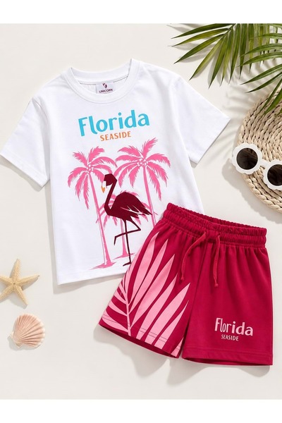 Lolliboomkids Set pantaloni scurți din bumbac cu imprimeu flamingo pentru fet...
