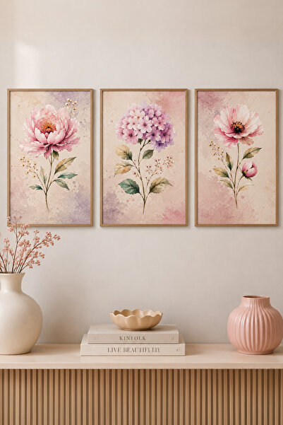 ARTI HOME Pembe Çiçek Temalı 3’lü Ahşap Dekoratif Tablo Seti – Çiçekli Tablo ...