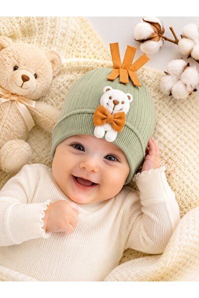 Pure Boutique Caciulita bebe verde salvie cu ursulet si fundita decorativa un...