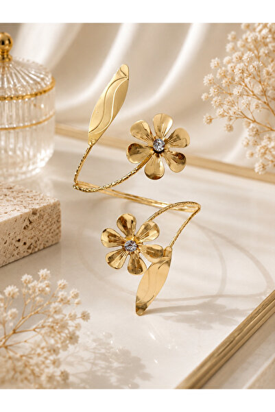 Lilith Takı Gold Color Flower and Leaf Design Pazu Bracelet |   Adjustable El...