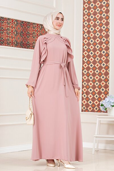Sevitli Ruffle Detailed Front Belted Hijab Dress-Pudra