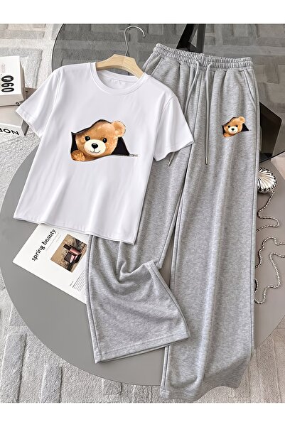 macklin Unisex Women's Men's Zipper Bear Print Oversized Tshirt and Baggy Swe...