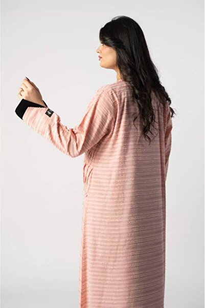 FJ Soft pink abaya with striped fabric and front ties - 57