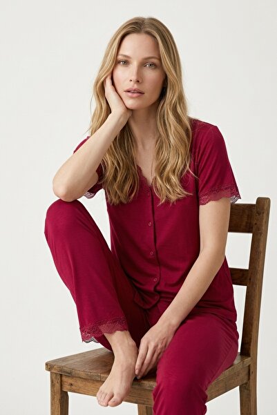 MORRO Women's Cherry Lace Viscose V-Neck Short Sleeve Pajama Set