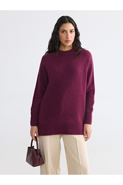 LC Waikiki Lcw Modest Burgundy Crew Neck Oversize Women's Knitwear Tunic
