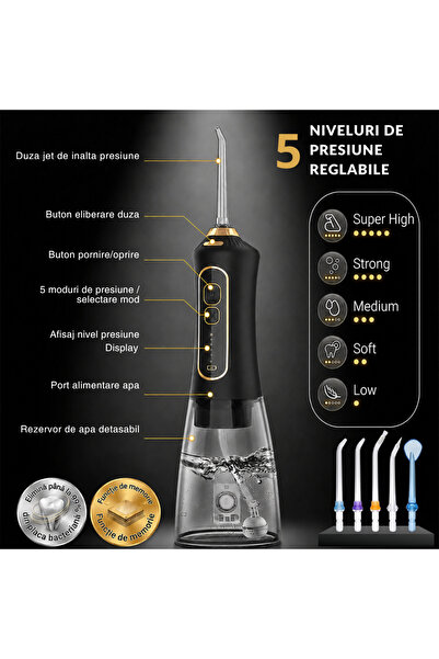 INOMEVIX Set irigator bucal tip dus bucal, periuta de dinti electrica sonica, irigator oral fara fir, portabil, 5 moduri, 5 trepte de presiune, rezervor 300 ml, 5 duze, 4 capete periuta, IPX7, USB, negru