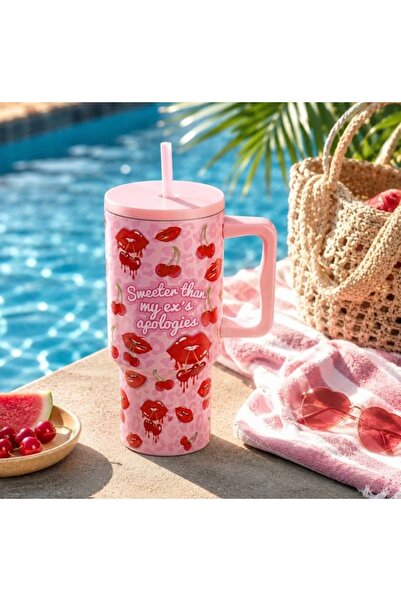 LOVE Kulplu Pembe Kiraz Desenli Paslanmaz Çelik Termos Bardak 1,1 L