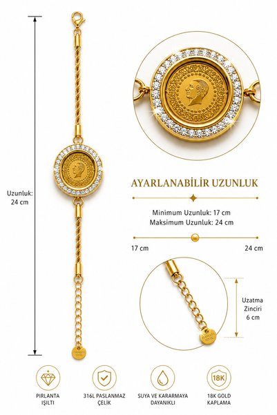 Genel Markalar Premium Atatürk Madalyonlu Gold Kaplama Zirkon Taşlı Kadın Bil...