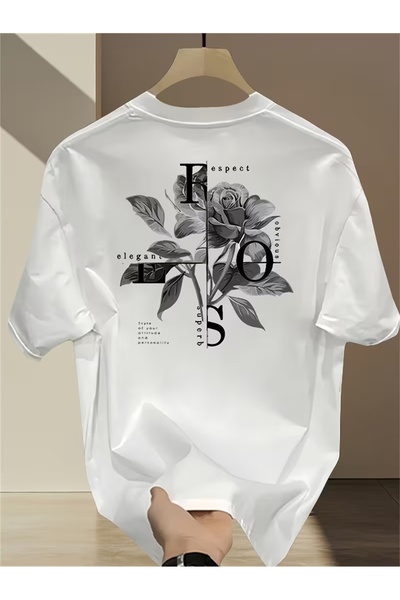 AEMİ Unisex Rose Printed Oversize Crew Neck T-Shirt