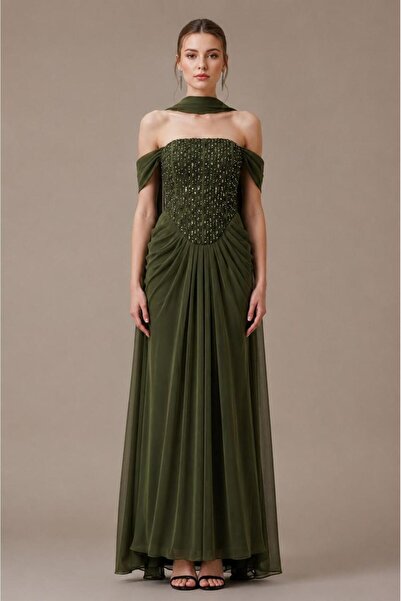 led style Luxury Embroidered Corset Maxi Dress with Neck Scarf Evening Gown