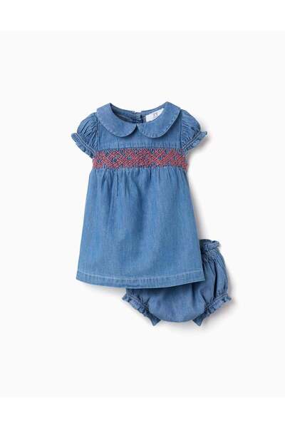 Ziddy Denim dress with embroidery and ruffles for newborn girls, blue