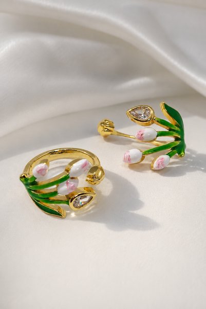 Duiwerlis Women's Design Enamel Flower Tulip Ring Hand Painted Adjustable Gold Color Jewelry