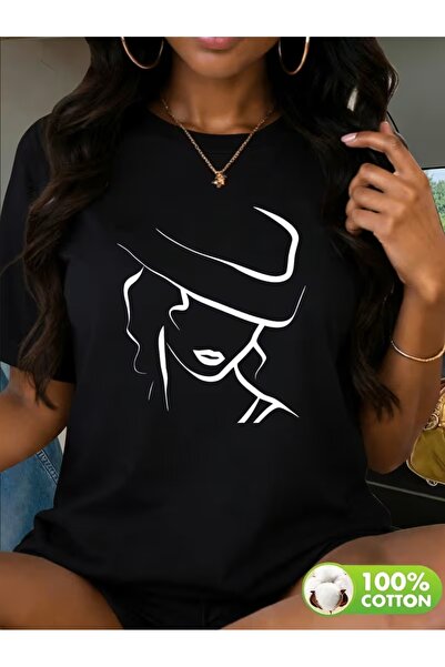 AEMİ Unisex Women's Printed Oversize Crew Neck T-Shirt with Hat