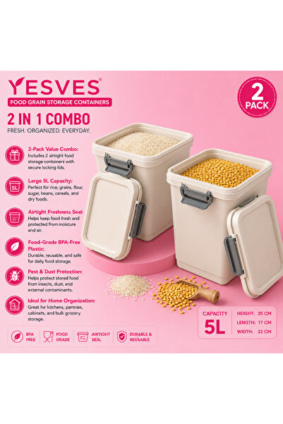 YESVES 2-Pack 5L Airtight Food Grain Storage Containers with Lock Lid, BPA-Free