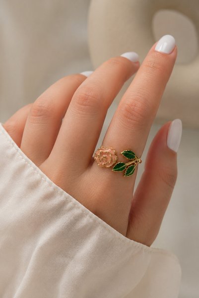 Duiwerlis Women's Design Enamel Rose Flower Ring Hand Painted Adjustable Gold Color Jewelry