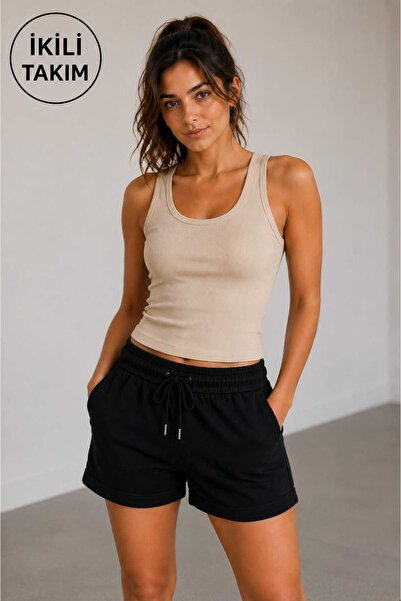 shop 2 li takım cepli şort ve askılı yuvarlak yaka fitilli kaşkorse crop atlet