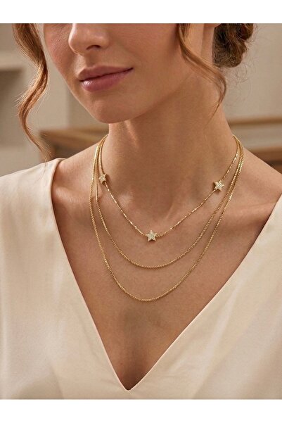 saaden jewelry SAADEN ÜÇLÜ YILDIZ DERAY GOLD KOLYE