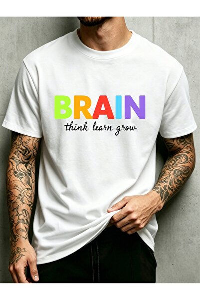 LİNA06 تي شيرت رجالي بتصميم ملون بطبعة Brain THINK Learn Grow، بياقة دائرية، ...
