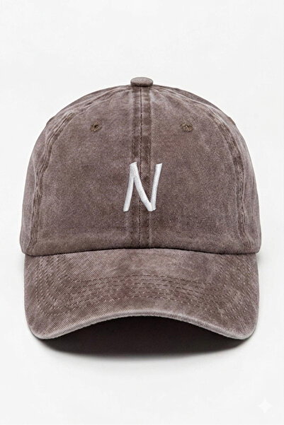 ŞapkaMania Brown Embroidered Washable Vintage Unisex Hat with Letter N